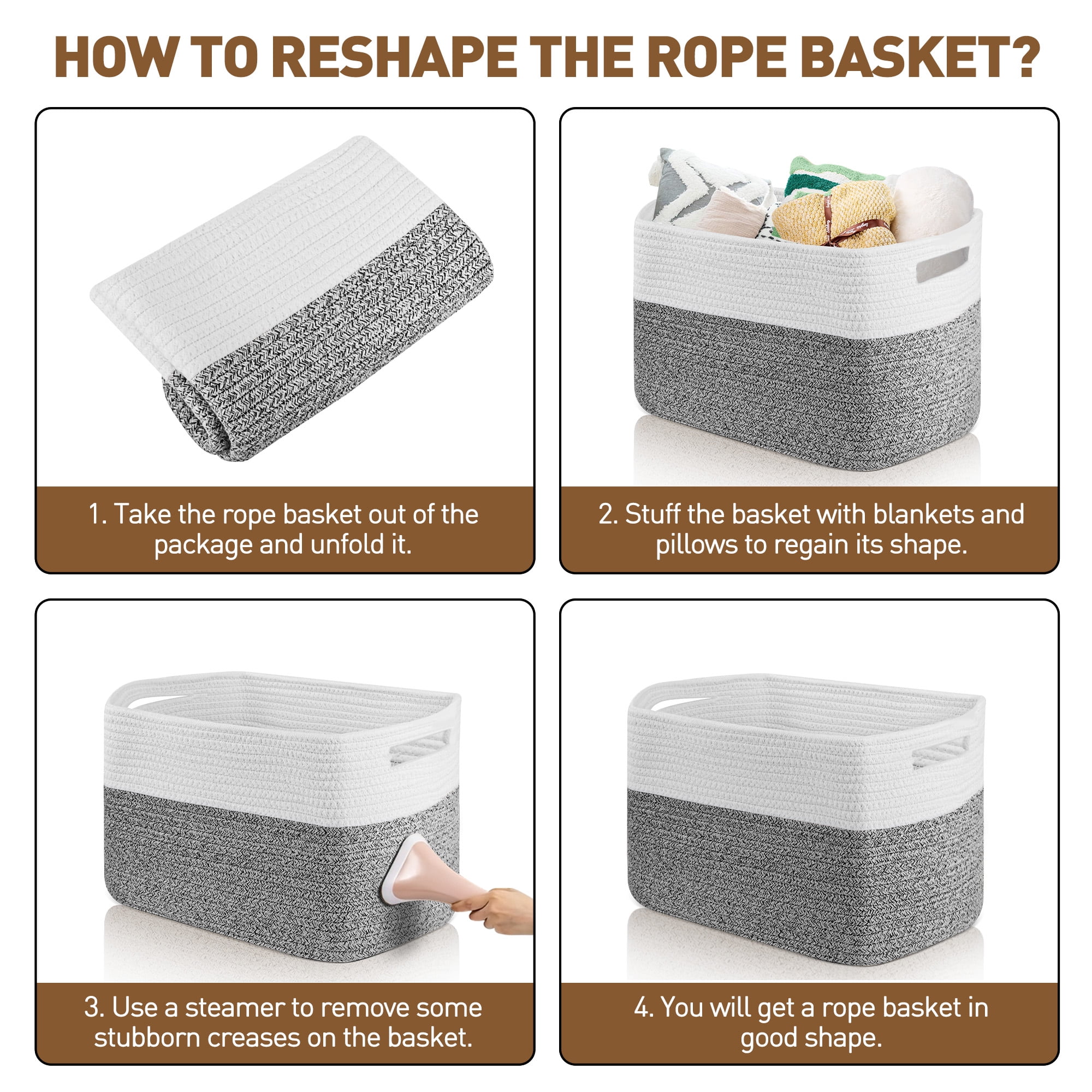 3 Pack Storage Basket, 11"x11"x9" (18L) Rectangle Woven Baskets for Storage, Cotton Rope Basket for toys, Towel Baskets, Closet Organizer Bins Shelves Organizer, Decorative Basket(Gray& White)