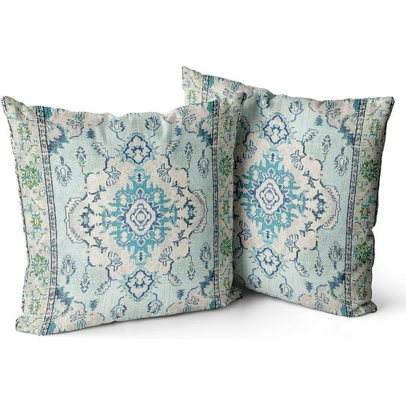 Boho Throw Pillow Covers 18x18 inch Set of 2 Teal Blue Monaco Rug Persian Carpet Double Sided Pattern Cotton Soft Pillow Case Cushion Cover Pillowcase for Couch Sofa Bed Decorative