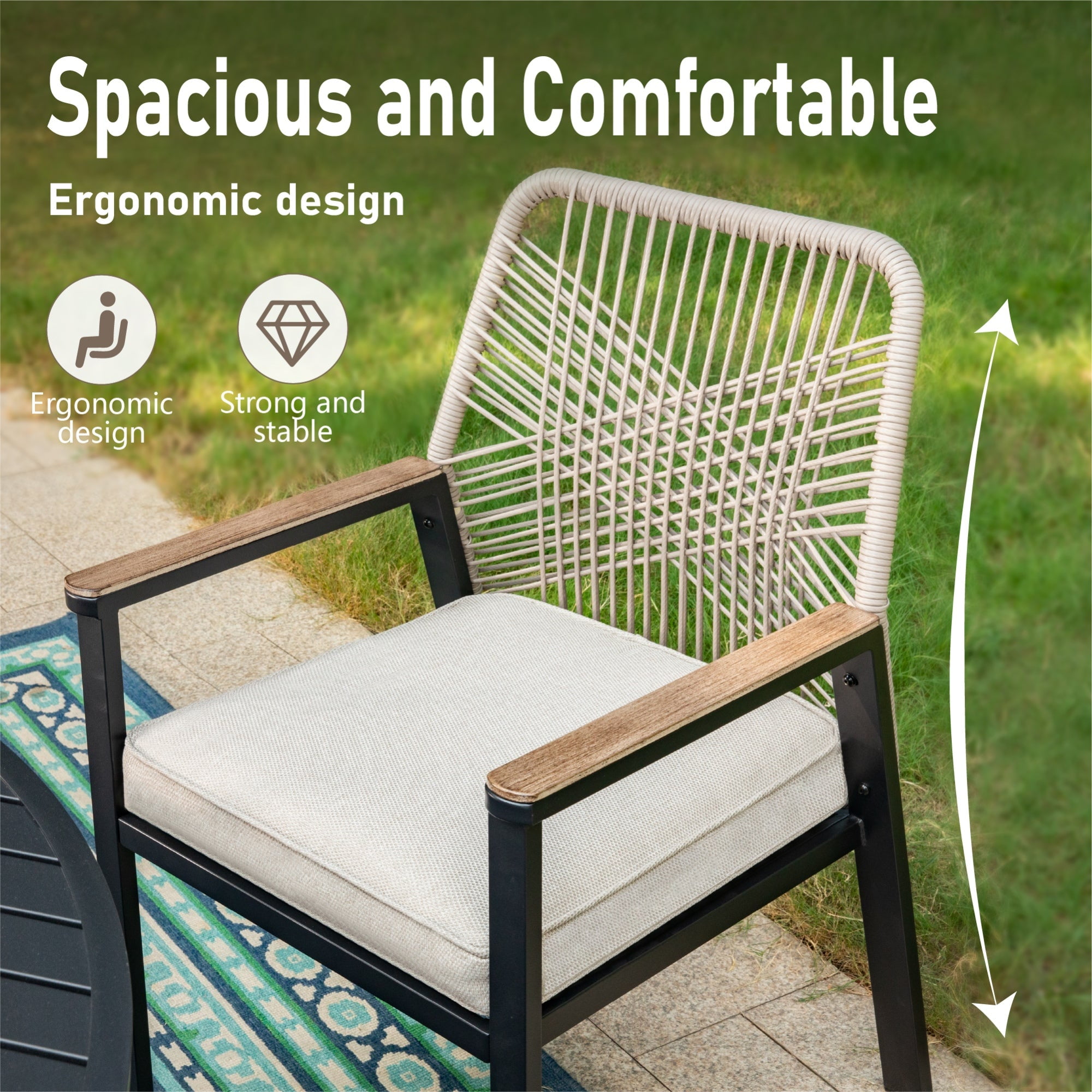 MF Studio 7-Piece Outdoor Patio Dining Set, 60" Rectangular Table with Rattan Rope Patio Chairs, Black and Beige