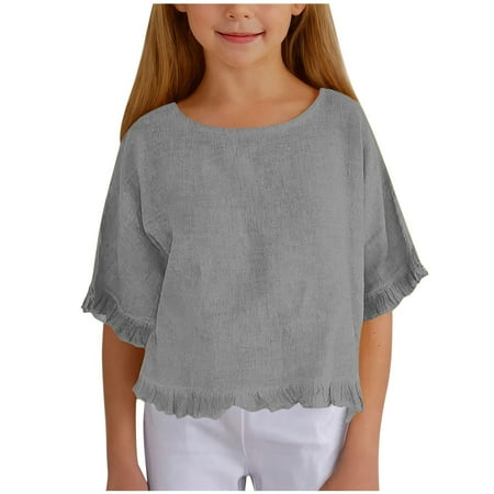 AWZXDE Girls Ruffled Half Sleeve Blouse Round Neck Loose Fit Casual T Shirt Linen Cotton Mix Top Grey 7-8 Years