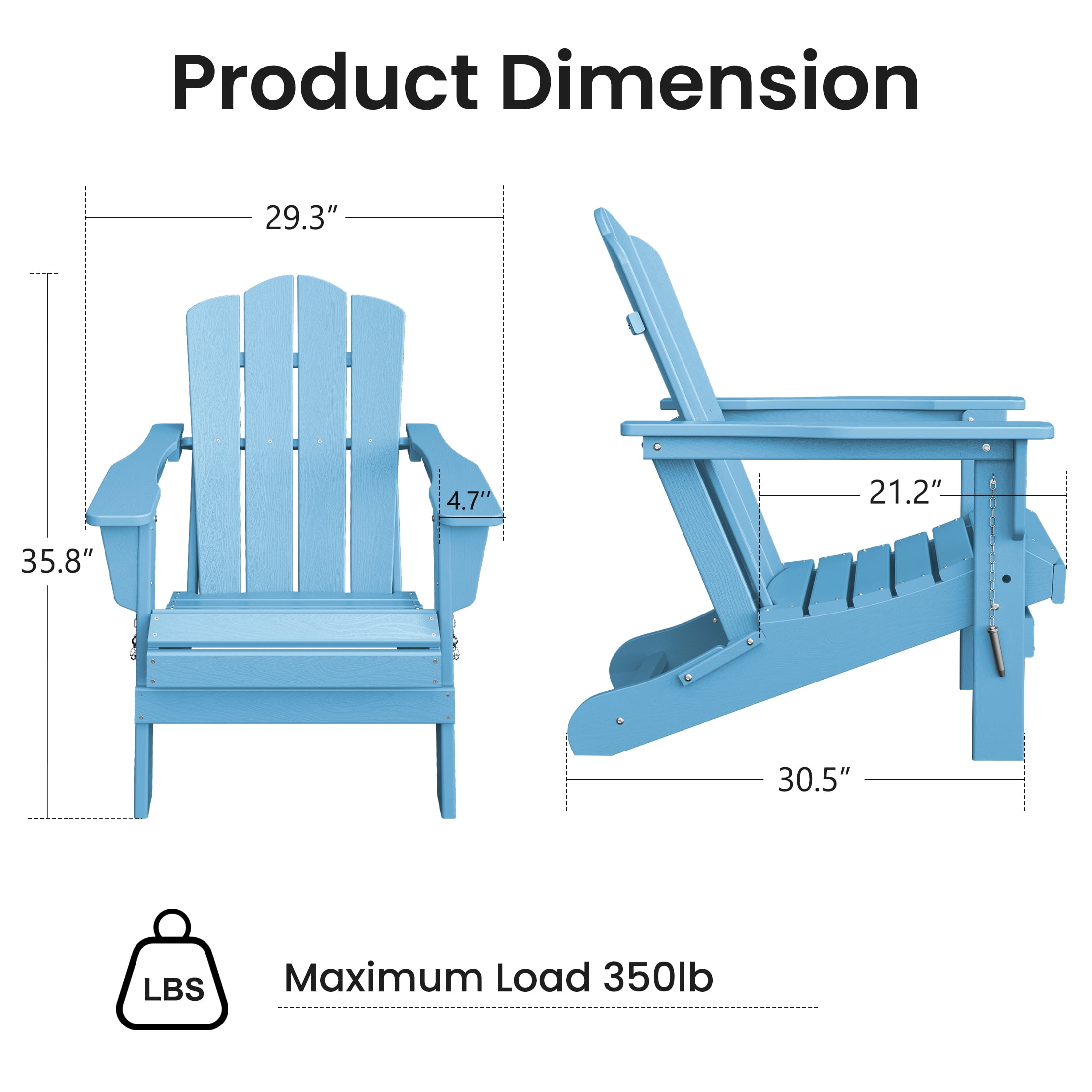 JUSTLET Adirondack Chair, Plastic Folding Outdoor Patio Chairs, Outside HDPE Chairs for Lawn, Yard, Light Blue