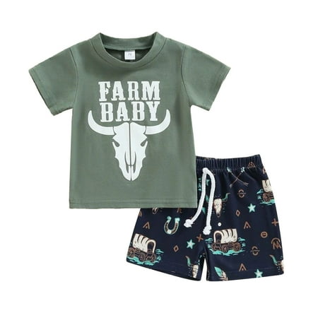 

AIMAOMI Toddler Boys Summer Short Sleeve Cow Letter Prints Tops Shorts 2PCS Outfits Clothes Set For Babys Clothes H