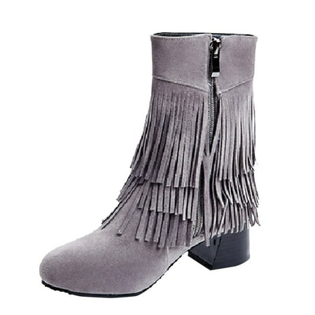 

SEMIMAY Elegant Three Layer Tassel Boots Short Leg Boots Thick Medium Heel Boots Women Fashion Boots Grey
