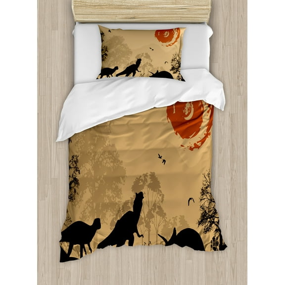 Dinosaur Duvet Cover Set, Silhouettes of Prehistoric Animals Wilderness Landscape Abstract Sun, Decorative 2 Piece Bedding Set with 1 Pillow Shams, Twin Size, Pale Brown Orange Black, by Ambesonne