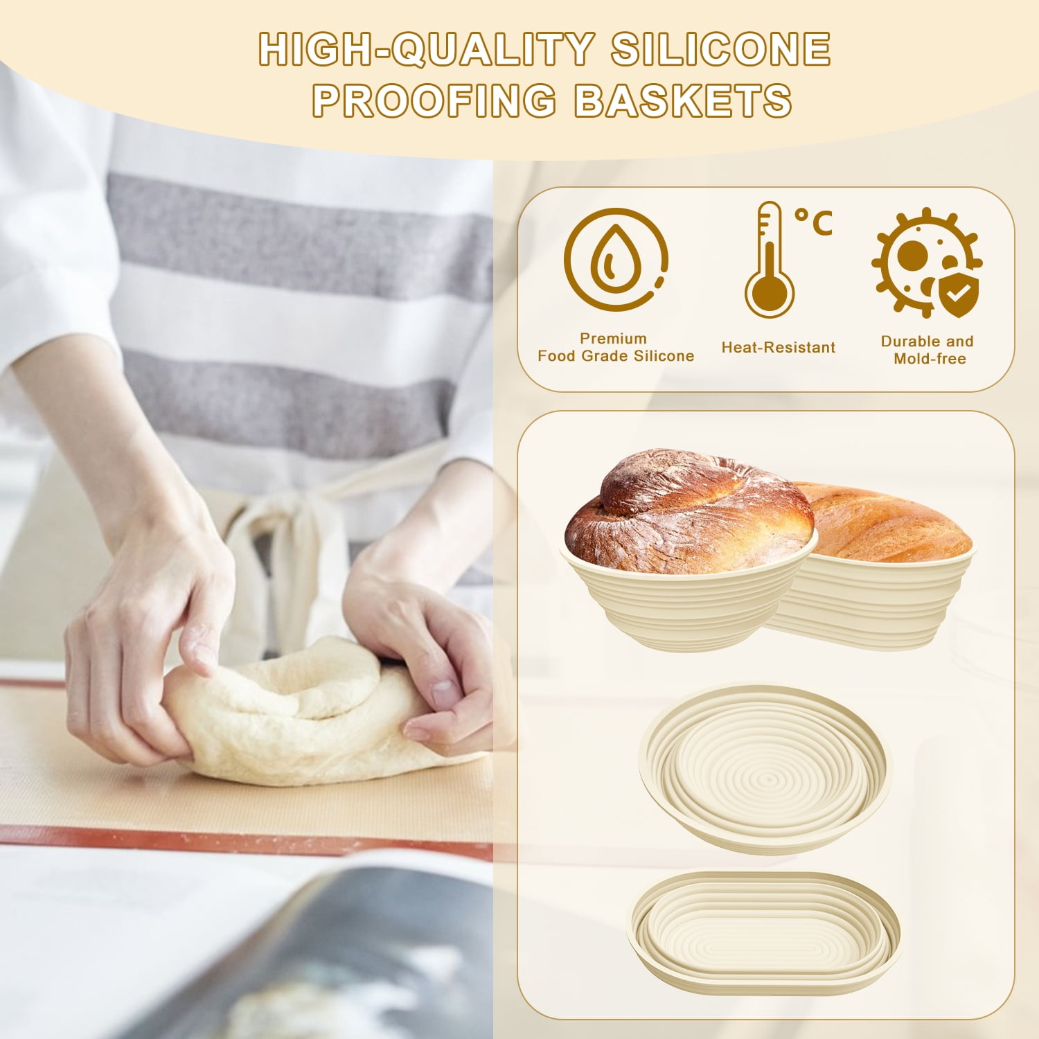 Sunnycome Silicone Banneton Bread Proofing Baskets, Oval Foldable Sourdough Baking Basket, Complete Set for Bread Making With Essential Tools Yellow
