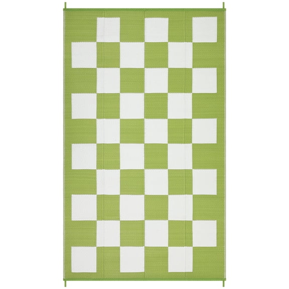 Green & White 8x10ft Checkered Outdoor Rug , Reversible Woven Plastic Straw Patio Mat with Corner Loops, Portable Camping Carpet for RV, Deck, Picnic & Balcony