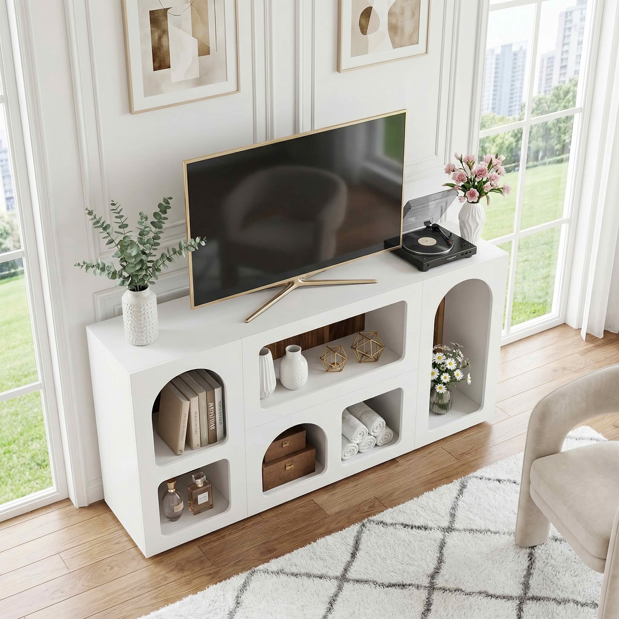 MAYEETY 59 Inch Wooden Console Table 6 Compartments Storage Entryway Table