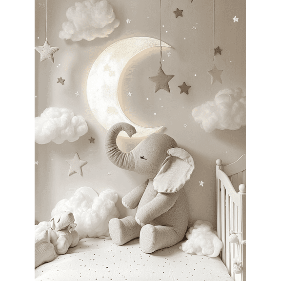 Cute Elephant and Moon Canvas Art Print，Perfect for Nursery，Bedroom，Living Room，Kids Room and Playroom Decoration.