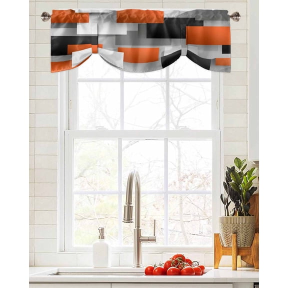 Tie Up Valance Curtain for Kitchen,Abstract Orange Gray Color Block Rod Pocket Short Curtains Adjustable Tie-Up Shade Valances,Modern Geometric Art Window Treatment for Bathroom Living Room Bedroom