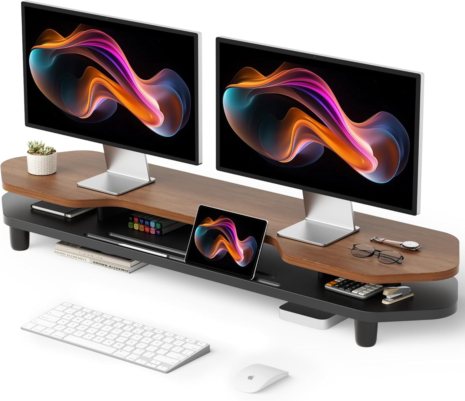 Dual Monitor Stand Riser, 39.4 Inch Large Monitor Stand with Storage Shelf, 2-Tier Desk Organizer for PC, Laptop, Printer | 2 Slots for Phone/Tablet, Computer Monitor Riser, Wood Desk Shelf for TV