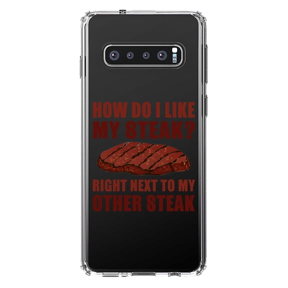 DistinctInk Clear Shockproof Hybrid Case for Samsung Galaxy S10 (6.1" Screen) - TPU Bumper Acrylic Back Tempered Glass Screen Protector - Like My Steak Next to My Other Steak