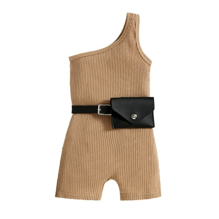 

Rovga Kids Girls Baby Toddler Bodysuits Sleeveless Romper Solid Ribbed Off Shoulder Jumpsuit Belt Waist Bag Outfits