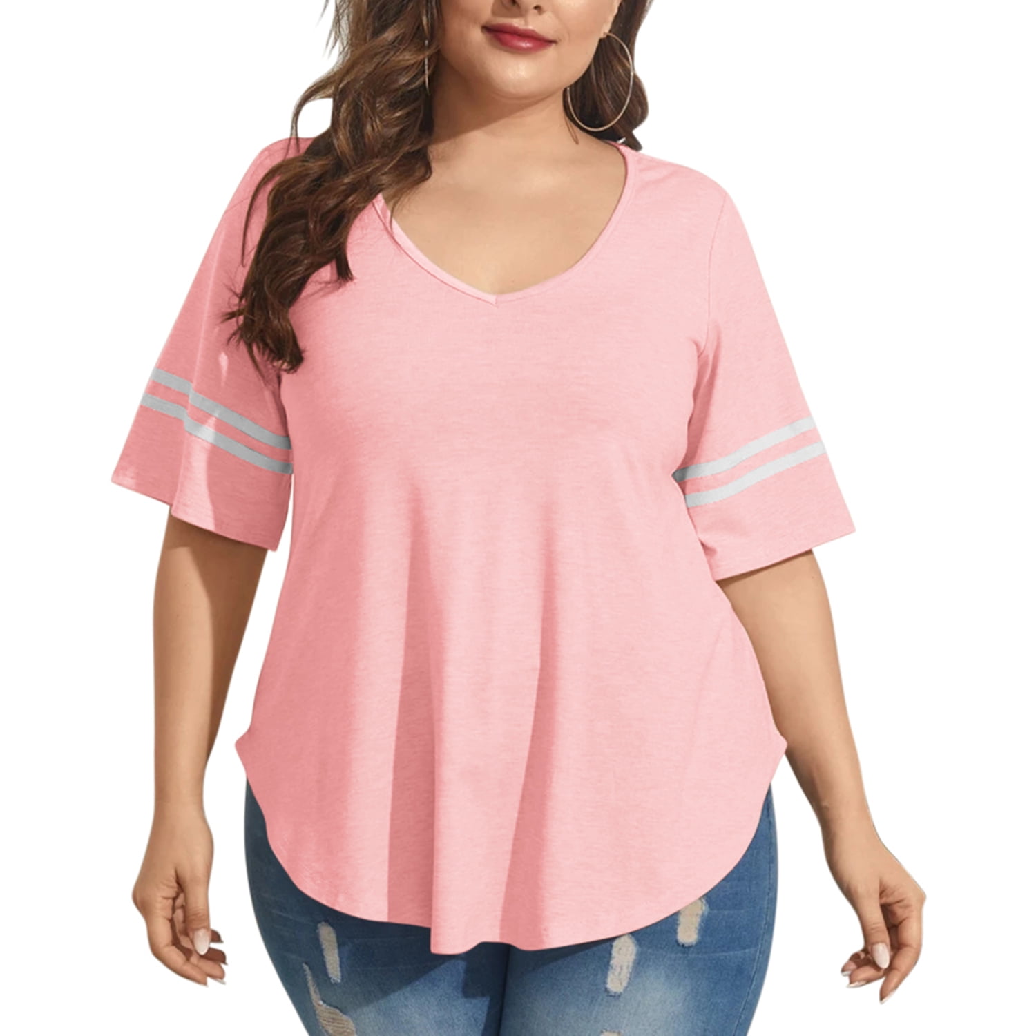 Mafulus Women's Plus Size TShirt Short Sleeve V Neck Striped Tunics