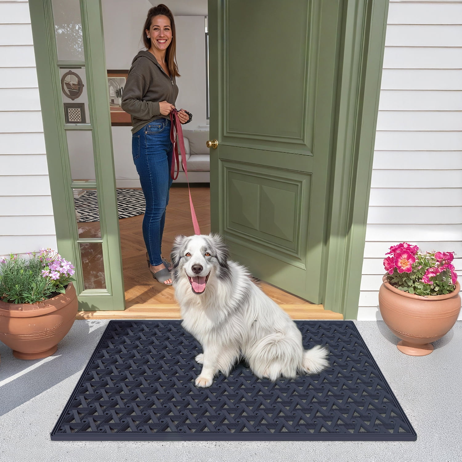 PABUBE Outdoor Doormat , Waterproof and Heavy Duty Doormat for Outside, Low Pile Dirt Trapper Rubber Outdoor Mat and Non-Slip Welcome Mat for Front Doors, 24" x 36", Blue