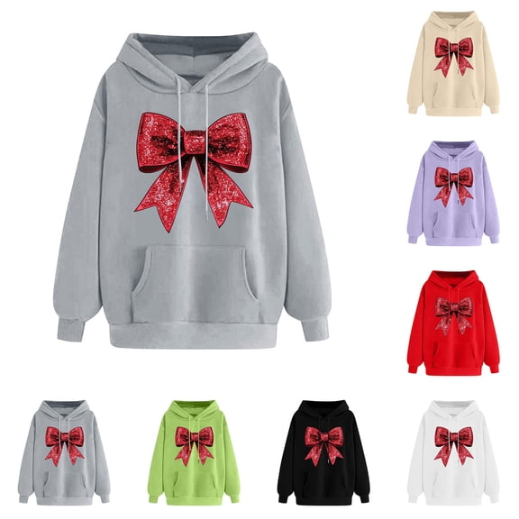 VBTAPA Womens Bow Print Hoodie Valentines Day Printed Hooded Sweatshirt Teen Girls Cute Pullover Hoodies Loose Casual Y2K Aesthetic Sweatshirts with Kangaroo Pocket Black L