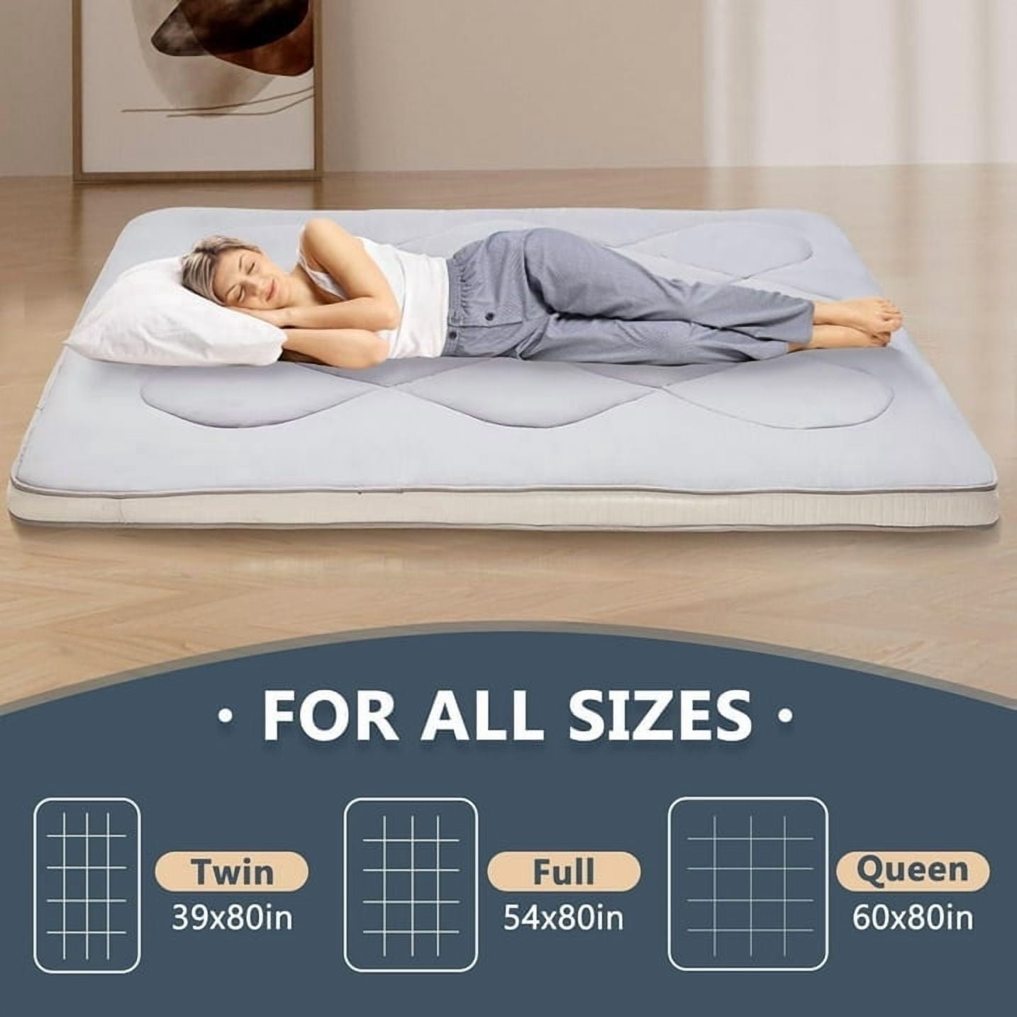 ABORON Japanese Floor Mattress Futon Mattress Queen Size, Thicken Tatami Mat Sleeping Pad Foldable Roll Up Mattress Gray