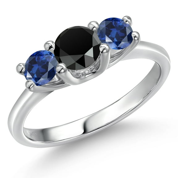 Gem Stone King 14K White Gold Black Onyx & Blue Created Sapphire 3-Stone Engagement Ring | 0.98 Cttw | Round 5MM and 4MM | Three Stone Wedding Anniversary Promise Ring for Women (Size 8)