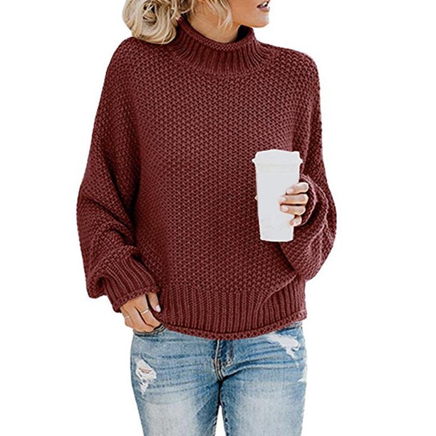 Suéter de mujer de gran tamaño, medio cuello alto, manga de murciélago, punto grueso, suelto, holgado, cuello alto, sólido, informal, jersey, , Vino rojo Yinane suéter de mujer de gran tamaño
