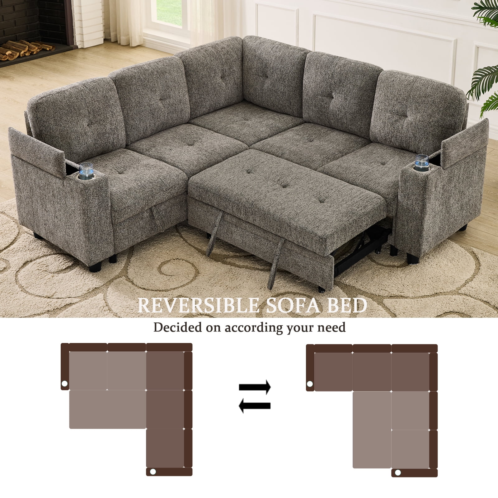 Howcool 81" Sectional Sleeper Sofa with Pull Out Bed, Modular L-Shaped Chenille Couch with Storage Chaise, USB Charging Ports & Cup Holders for Living Room, Apartment, Grey