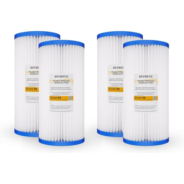 Max Water 25 Micron 10 x 4.5 Pleated Sediment Water Filter, Washable Replacement Cartridge for 10" BB Whole House Systems Compatible with R50-BBSA, FXHSC, WFHDC3001, W50PEHD, GXWH40L (4 Pack)
