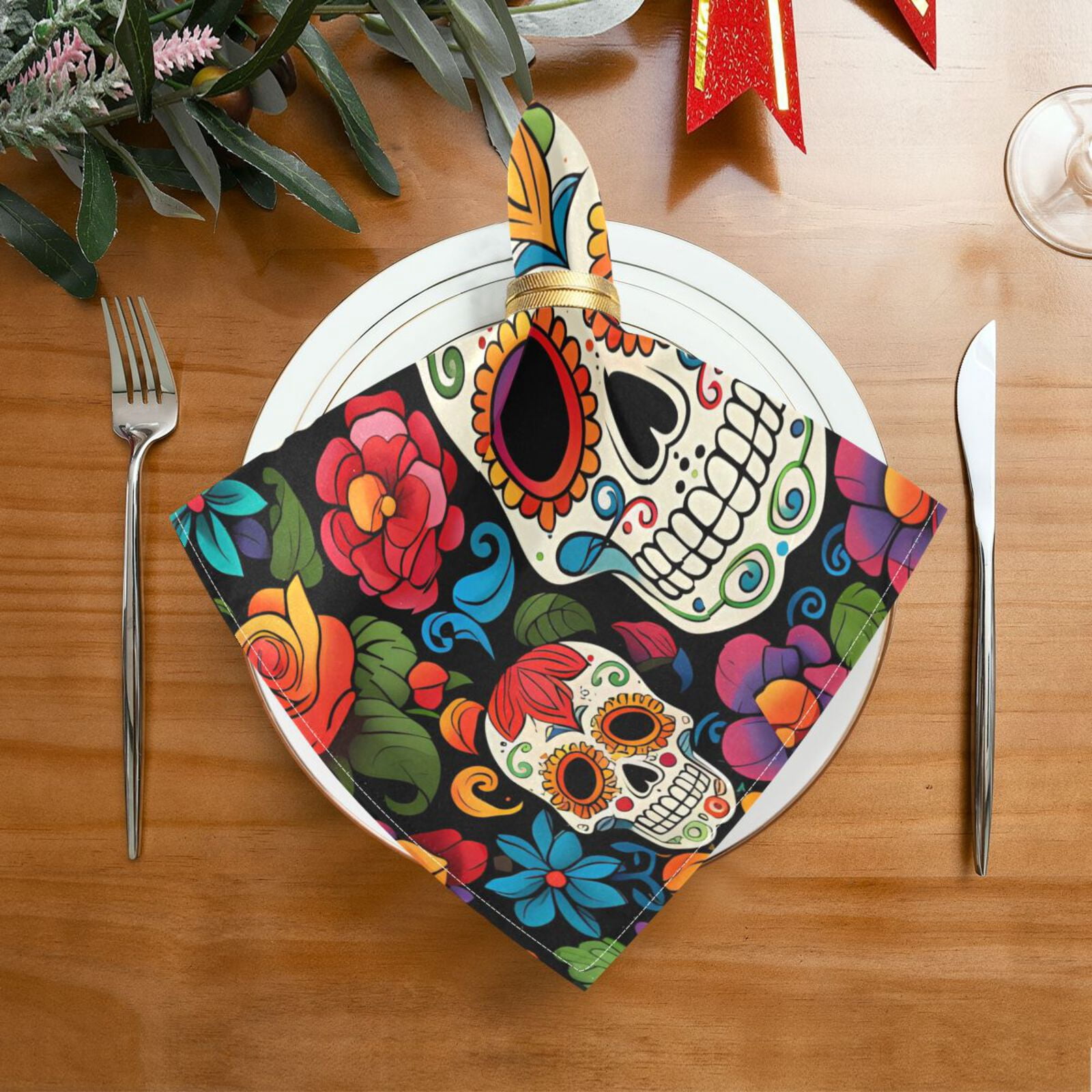 JSTEL Sugar Skull Floral Day Of Dead Cloth Napkins Set of 6, 20x20 Inch Washable and Reusable Napkin for Decoupage Dinner Party Everyday Use