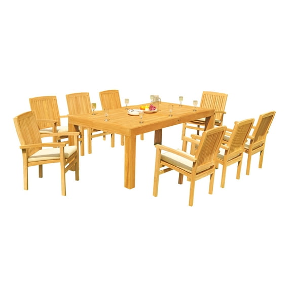 Grade-A Teak Dining Set: 8 Seater 9 Pc: 86" Canberra Rectangle Table And 8 Wave Stacking Arm Chairs Outdoor Patio WholesaleTeak #51WV1909