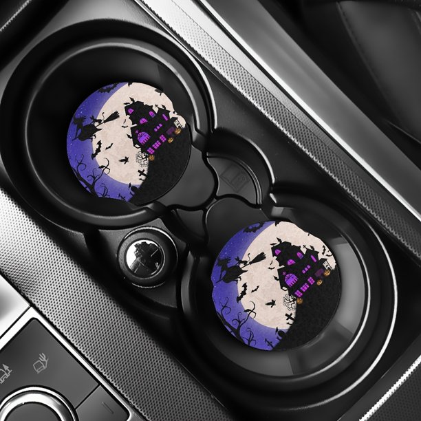 2pcs Halloween Horror Haunted House Witch Pattern Car Coasters, Car Interior Accessories, Home Desktop Kitchen Coasters