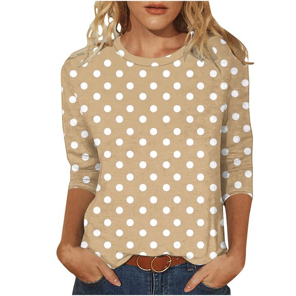 zbxnLI Womens 3/4 Sleeve Tops Crew Neck T Shirts Polka Dot Tunic Top Dressy Work Blouse Fashion Spring Clothes S-5XL