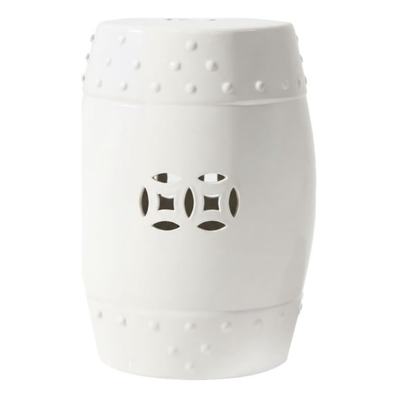 Garden Accent Stool- 17 Inch Round Drum Shape- White Ceramic- Cut Out Details