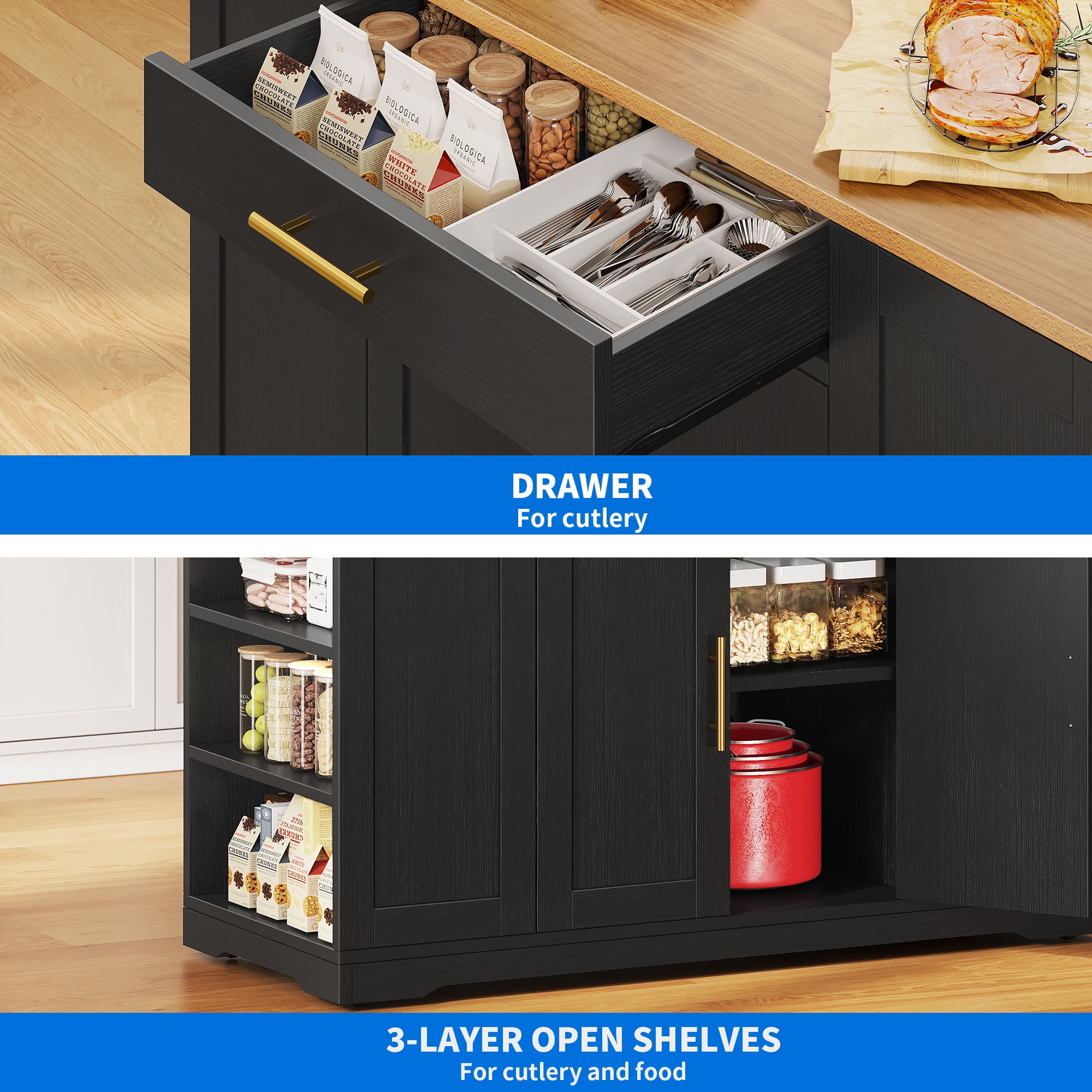 Uforic Rolling Kitchen Island with Wheels & Drawers, Kitchen Storage Cart with Storage Cabinet for 13-Gallon Trash Bin, Black