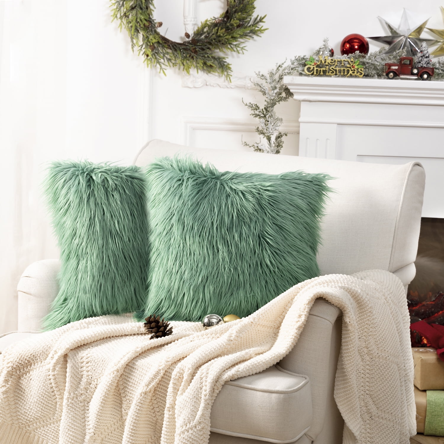 Luxury Mongolian Fluffy Faux Fur Series Square Decorative Throw Pillow Cusion for Couch, 22" x 22", Green, 2 Pack