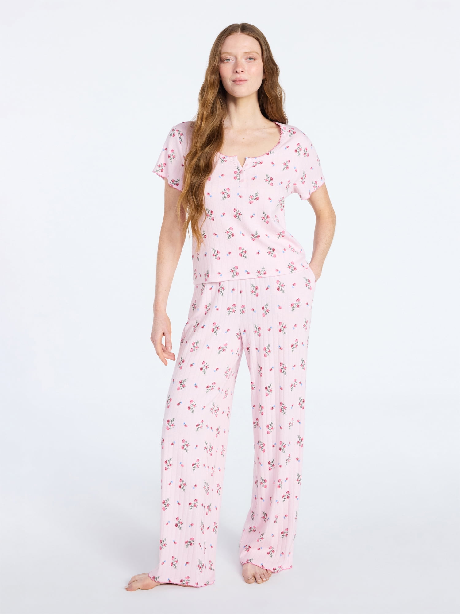 Joyspun Women’s Pointelle Knit Sleepwear Henley Tee with Short Sleeves, Sizes XS-3X