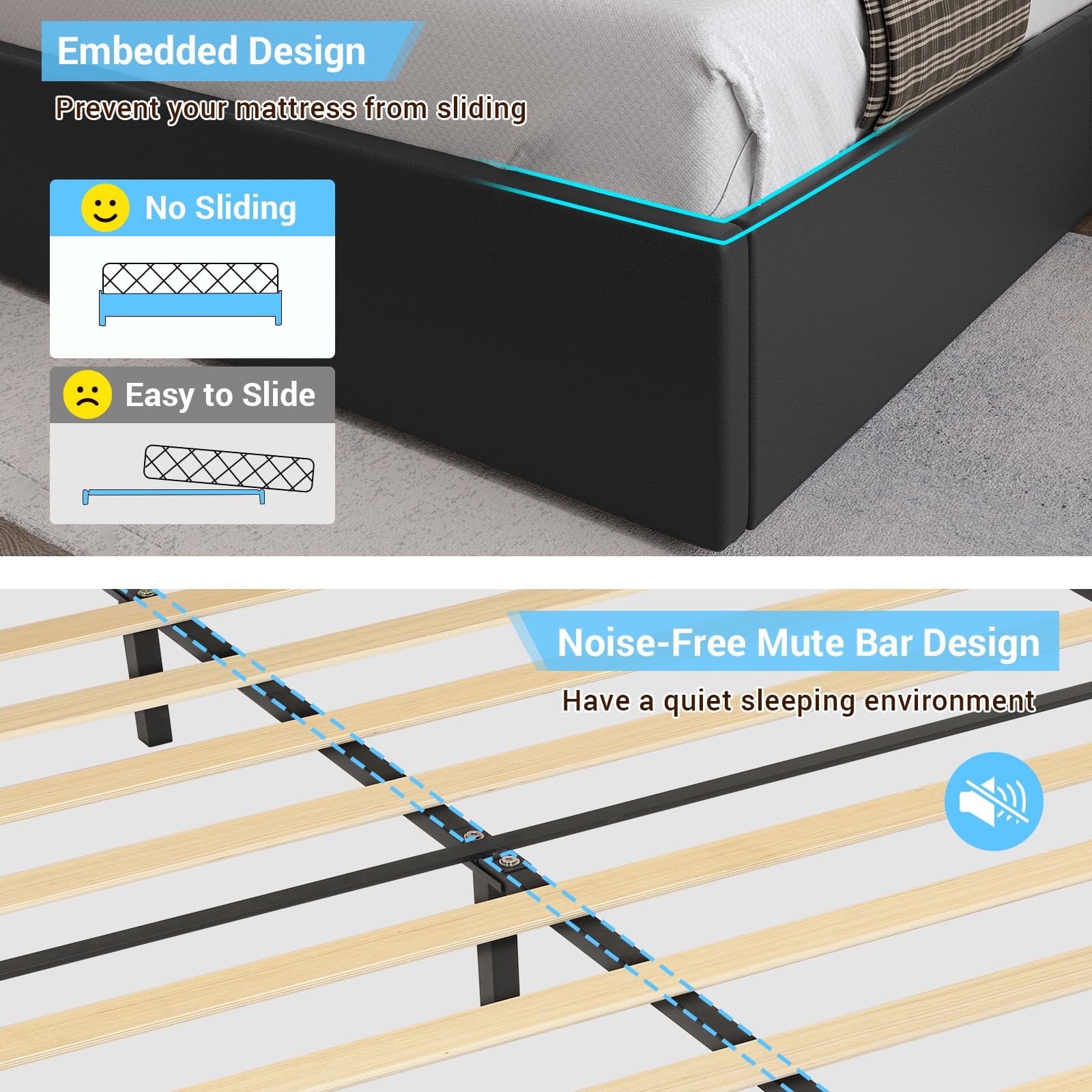 California King Bed Frame with 4 Storage Drawers & USB Ports & LED Headboard, Faux Leather Upholstered Platform Bed Frame with 3 Side Light Strip, No Spring Needed, Black