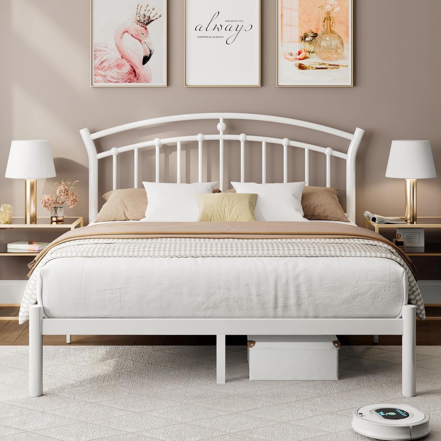 Laisnet Queen Size Bed Frame with Headboard & Footboard, Noise-Free & Under-Bed Storage, Vintage Victorian Metal Platform, White