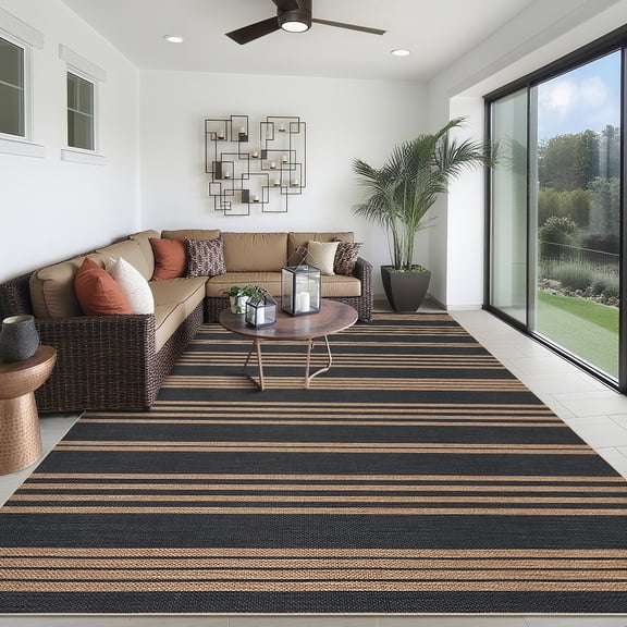 Area Rug 8x10 Easy Jute Living Room Rug, Modern Stripe Washable Carpet with Non Slip TPR Rubber Backing, Durable Non Shedding Floor Covering, Low Pile Thin Mat for Bedroom, Black Coffee
