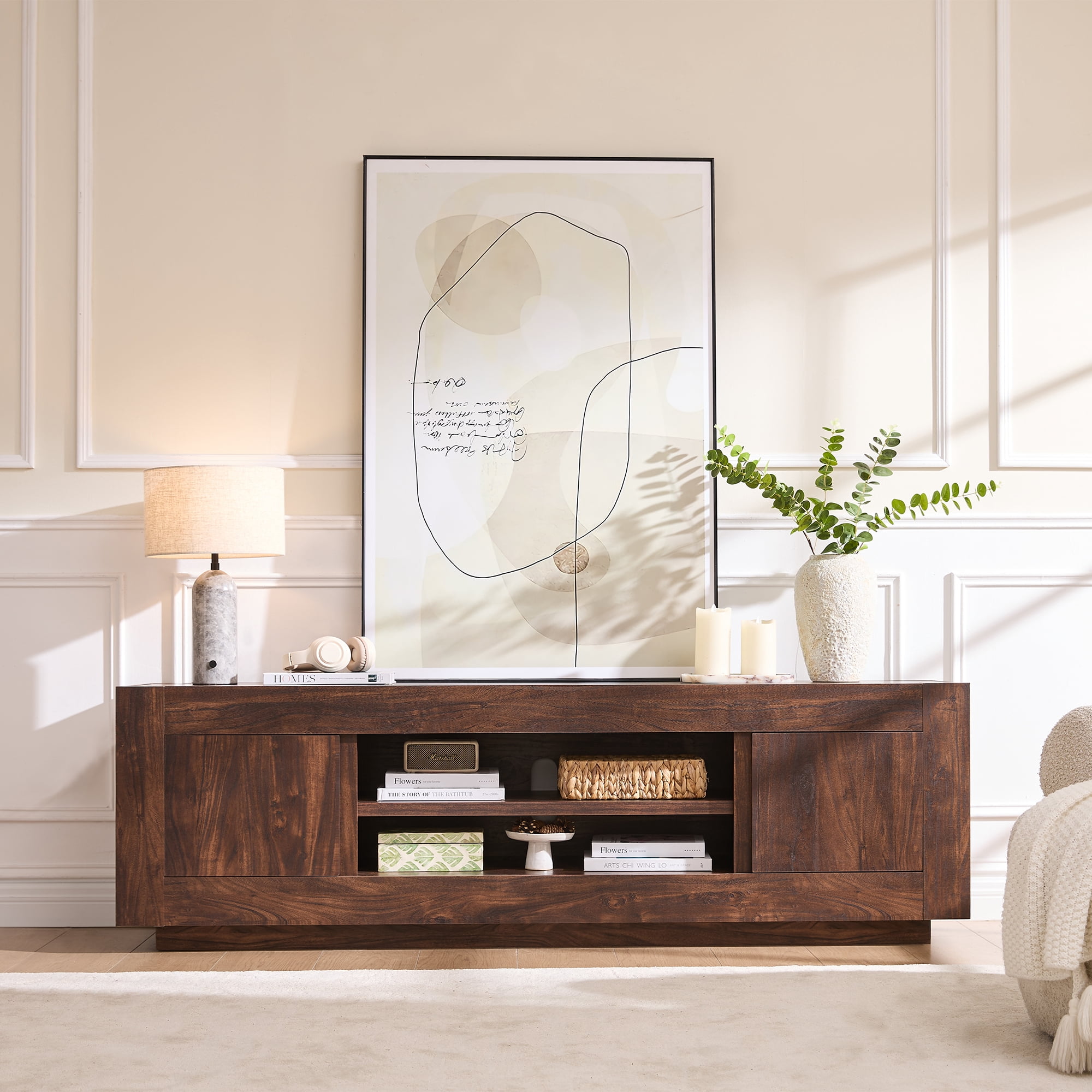 KeyWhat 70" Modern Low Profile TV Stand for TVs up to 80", Open Storage & Adjustable Shelves