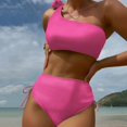 thumbnail image 4 of HAPIMO Women's 2Pc Bikini Sets Soild Color Sleeveless One Shoulder Summer Beach Vintage High Waist Tropical Hawaii Swimsuit Clearance Trendy Bikini Hot Pink L, 4 of 5