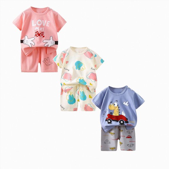 Gerichy 6PCS Toddler Baby Boy Summer Clothes Set 6 12 18 24 Months 2T 3T 4T Tractor Print Short Sleeve T-Shirt Solid Shorts Outfit Sets