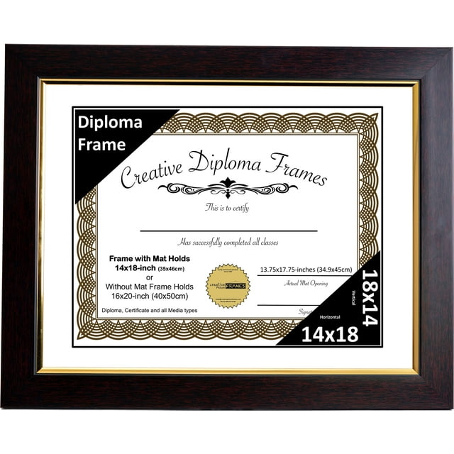 Creative Picture Frames 14x18 Mahogany Diploma Frame with Gold Rim Including White Mat Glass and Installed Wall Hangers | Frame Holds 16x20 Media without Mat