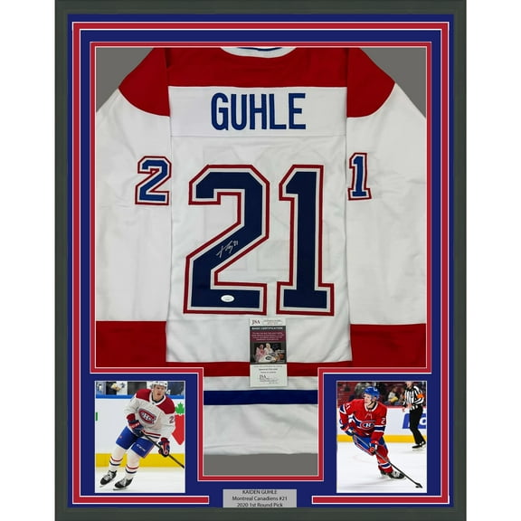 Framed Autographed/Signed Kaiden Guhle 35x39 Montreal White Hockey Jersey JSA COA