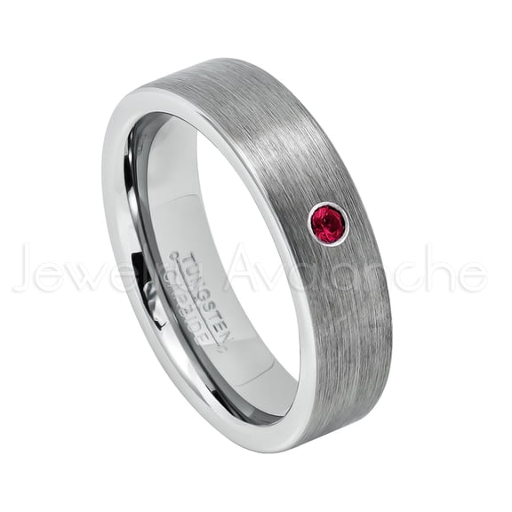 6mm Pipe Cut Tungsten Ring - 0.07ct Solitaire Ruby Ring - Personalized Tungsten Wedding Ring - Custom Made July Birthstone Ring TN019BS