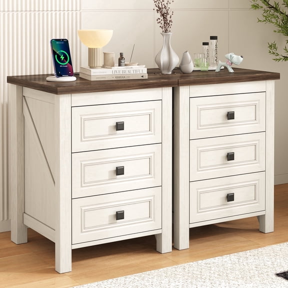 Nightstand Set of 2, bedside table with charging station, White farmhouse 3 drawer nightstand Rustic night stand end tables for bedroom Living Room