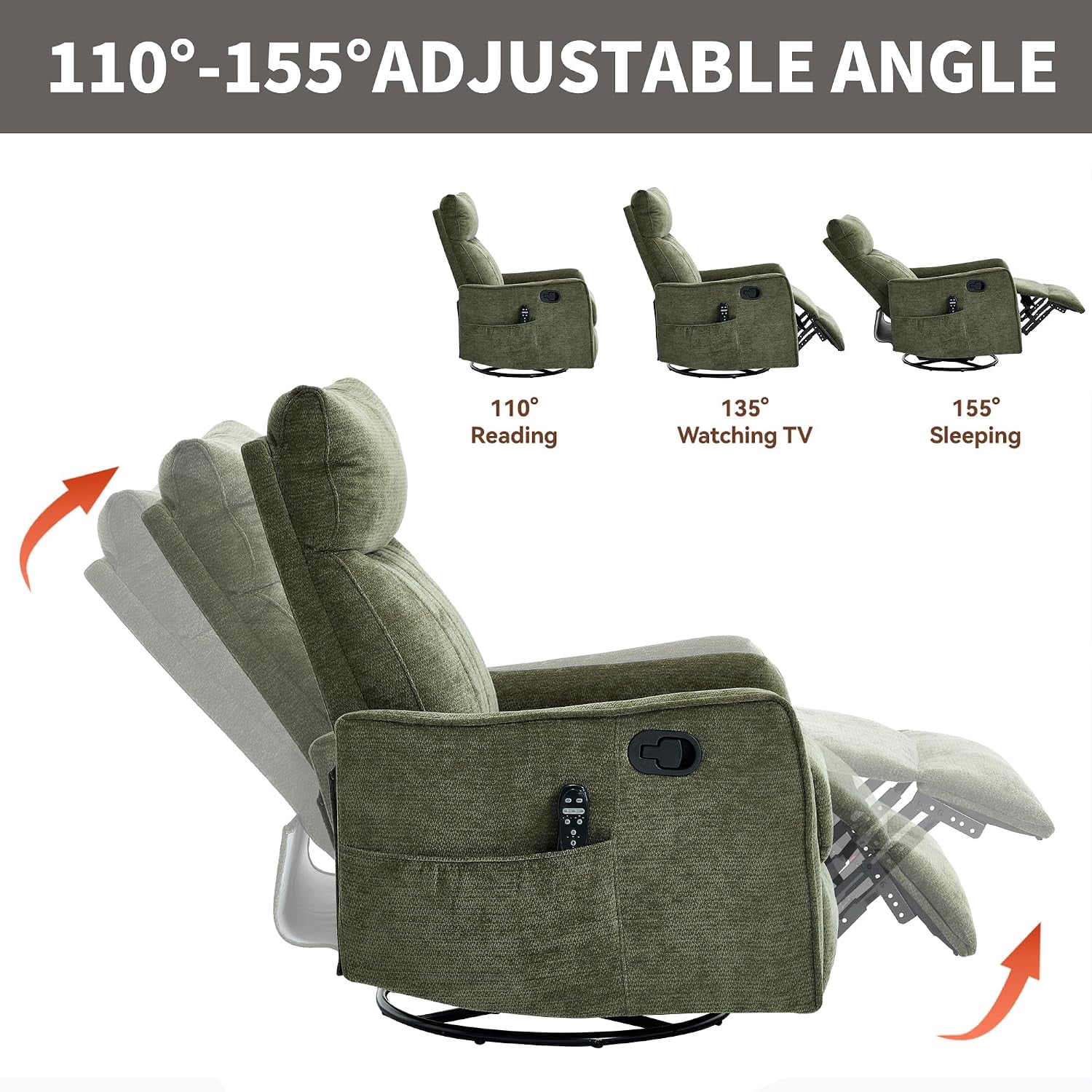 High Back Manual Recliner Chair with Heat & Massage, Swivel Rocker for Living Room Bedroom, Antique Green
