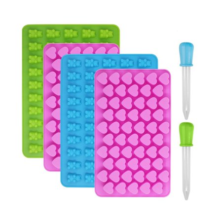LYCAQL Pack of 4 Gummy Molds Bear and Heart Candy Silicone Holes Silicone Mold For Chocolate Cake Jelly Pudding Soap Mini Size Chocolate Gummy Molds with 2 Droppers Nonstick Food Grade Silicone