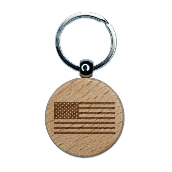 USA United States of America Flag Round Keychain Charm Tag - Engraved Wood