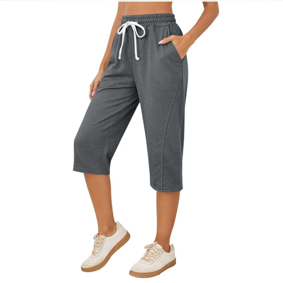 Plus Size Capris for Women Drawstring Elastic High Waisted Sweatpants Casual Yoga Workout with Pockets