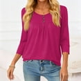 thumbnail image 4 of 3/4 Length Sleeve Womens Tops Loose Fit Trendy Pleated Lightweight T Shirts Casual Button Scoop Neck Tunic Tops Hot Pink S, 4 of 6
