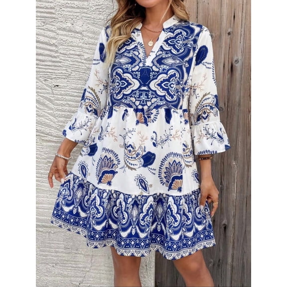 Multicolor Women V-Neck Long Sleeve Peasant Dress With Blue Floral Print A-Line Mini