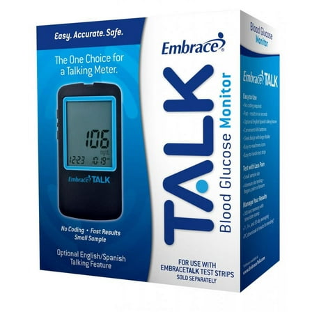 Embrace TALK Blood Glucose Monitor, Optional English/Spanish Talking Feature, 6 Second Results, No Coding Required, 1 Count