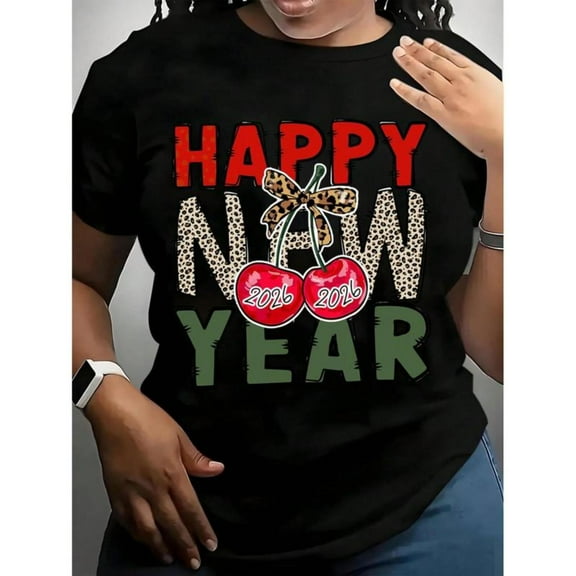 Women's Black Print Tshirt Graphic Tees Shirts Leopard Cherry Happy New Year 2026 Holiday S-5XL Tops